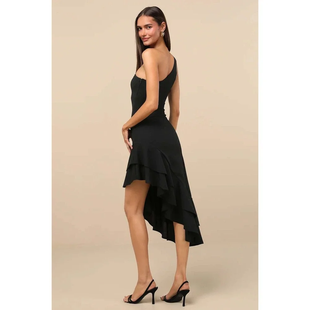 Lulus Steal a Glance Black One-Shoulder Asymmetrical‎ Midi Dress Large NWT